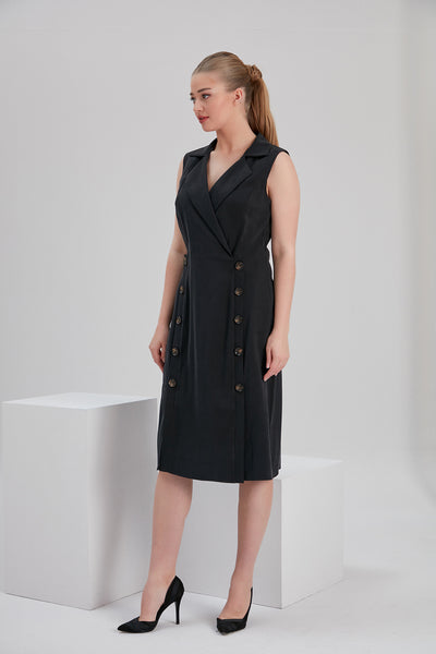 noacode ethically made double breasted  black viscose midi dress with sustainable buttons for size inclusive fashion