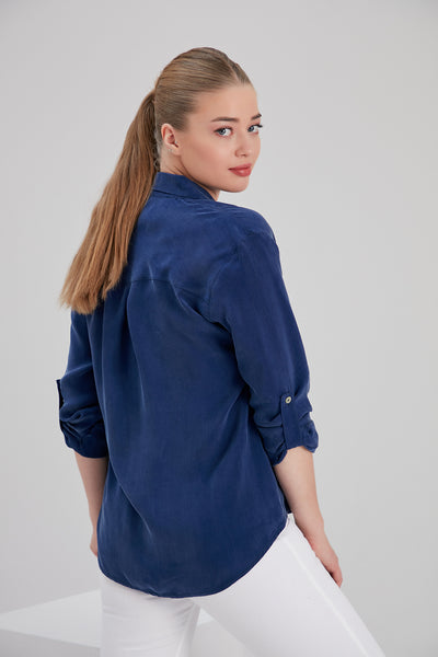 noacode luxury curvy blue vegan cupro shirt with recycled buttons 
