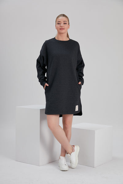 noacode ecofriendly dark grey recycled cotton fleece dress sustainable plus tall women loungewear USA UK Canada