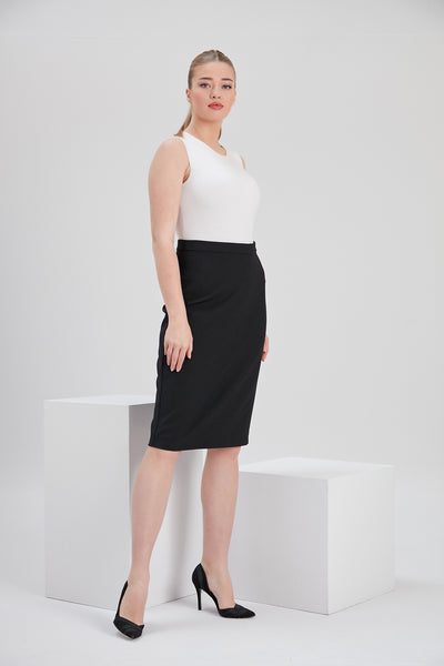 noacode ethical recyled fabric black pencil skirt with white top sustainable plus tall size fashion Europe Netherlands Luxemburg Denmark Germany Switzerland