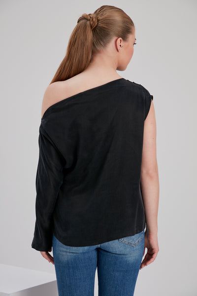 back of a one shoulder off elegant black cupro top