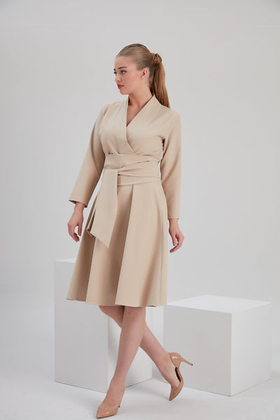 beautiful recycled fabric beige envelope midi dress with belt with nude stilettos for ethical tall size inclusive office fashion