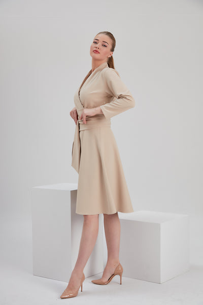 elegant recycled fabric beige envelope midi dress with belt for sustainable tall size inclusive ethical fashion