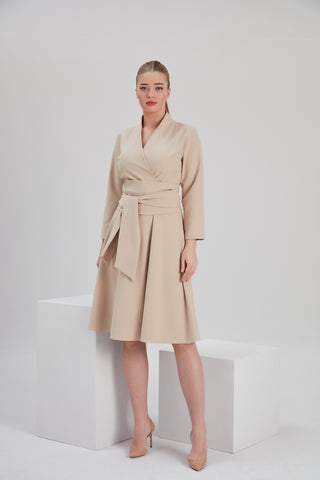 beautiful recycled fabric beige envelope midi dress with belt for sustainable tall size inclusive office fashion
