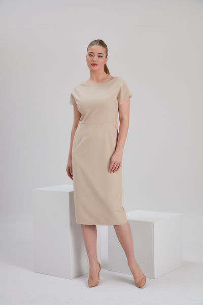 noacode sustainable recycled fabric beige midi pencil dress for ethical size inclusive tall plus office occasion fashion Europe Netherlands