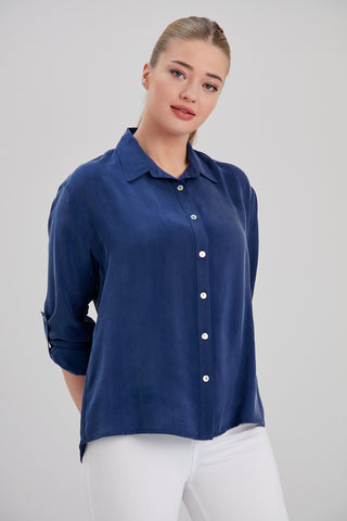 noacode luxury blue vegan cupro shirt with sustainable accessories with plus size option