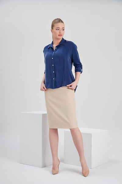 noacode blue vegan cupro shirt with recycled fabric plus size skirt