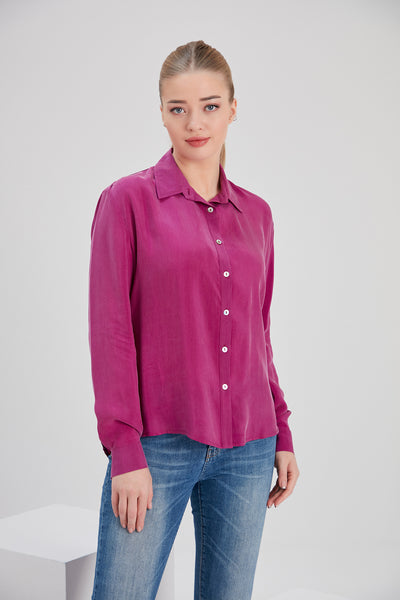 noacode sustainable fuchia pink vegan top with recycled buttons