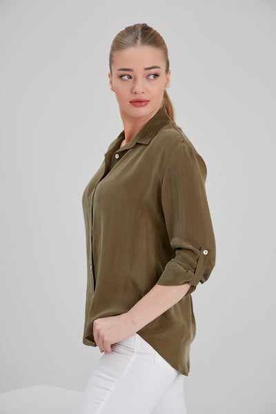 noacode khaki vegan cupro shirt with recycled sustainable buttons plus size