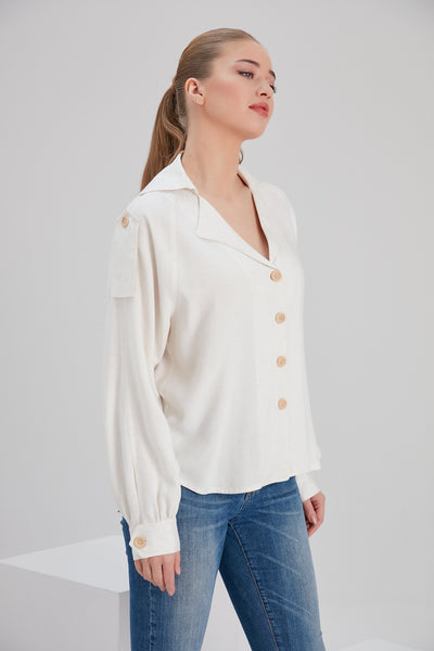 ethical linen viscose mix fabric ivory color shirt top with recycled buttons for plus size