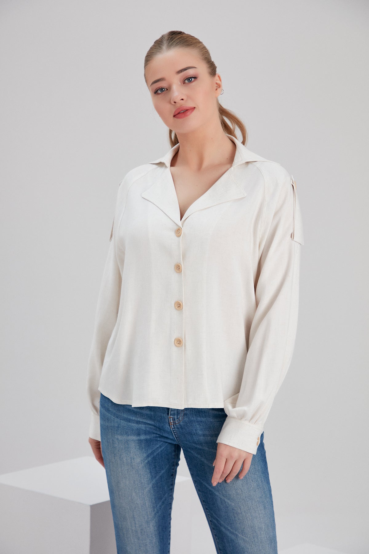 sustainable linen viscose mix fabric ivory color shirt top with recycled buttons 