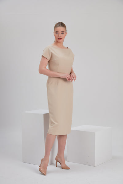 noacode sustainable recycled fabric beige midi pencil dress for ethical size inclusive tall plus office occasion fashion Europe Netherlands