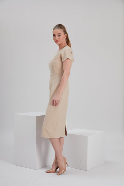 side look noacode sustainable recycled fabric beige midi pencil dress for ethical size inclusive tall plus office occasion fashion Europe Netherlands Germany