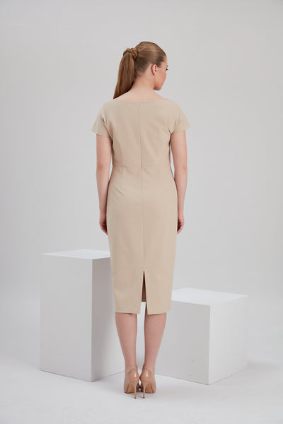 back look noacode sustainable recycled fabric beige midi pencil dress for ethical size inclusive tall plus office occasion fashion Europe Netherlands Denmark Belgium Germany Sweden