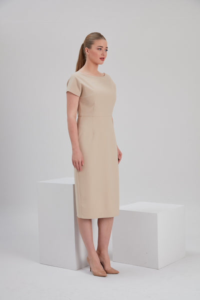 noacode sustainable recycled fabric beige midi pencil dress for ethical size inclusive tall plus office occasion fashion Europe Netherlands Denmark Belgium Germany