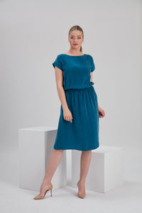 Noacode petrol blue vegan cupro fabric sustainable midi dress with nude stilettos