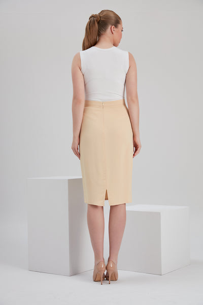 noacode vegan certified sustainable cream nude color pencil midi skirt back look