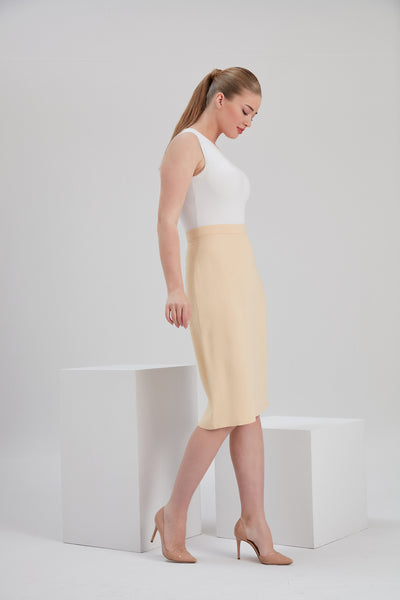 noacode elegant vegan certified sustainable cream nude color pencil midi skirt for all sizes plus and tall