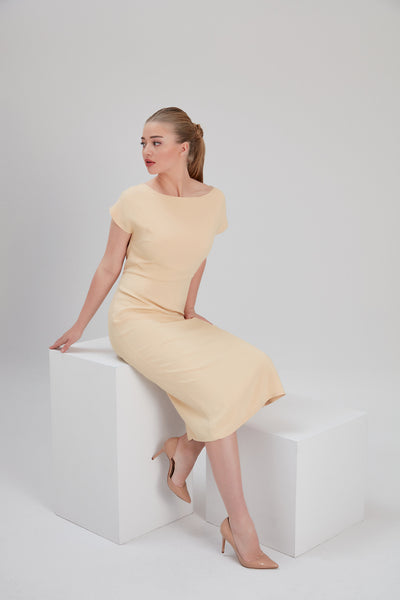 noacode vegan certified cream color pencil midi-dress for sustainable elegant occasion look with curvy and tall size available