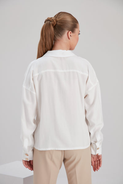 NOACODE high quality sustainable white Tencel blouse for office wear for tall curvy women backview